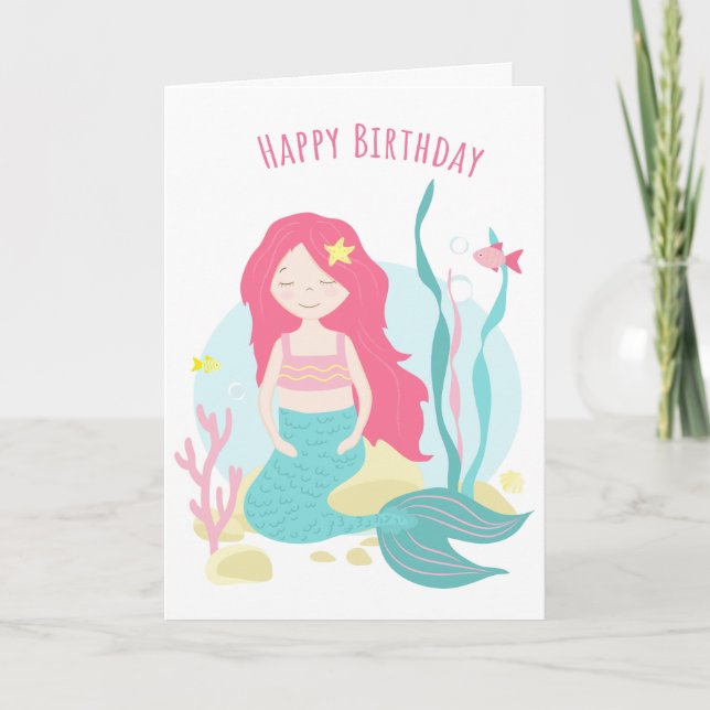 Carte Mignonne Sirène rose et Menthe Anniversaire pour G (Devant)