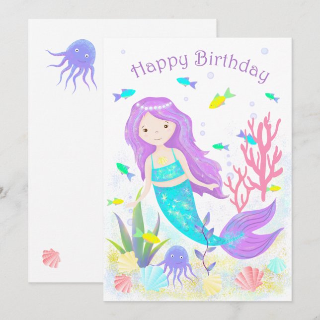 Carte Mignonne sirène sous le néon marin (Devant / Derrière)