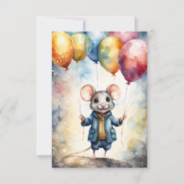 Carte Mignonne souris avec ballons colorés, Anniversaire