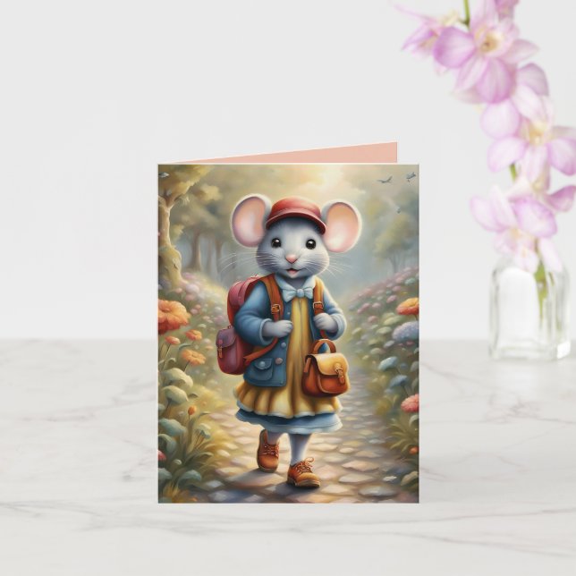 Carte Mignonne souris fille sur le chemin de l'école, co (Orchidée)