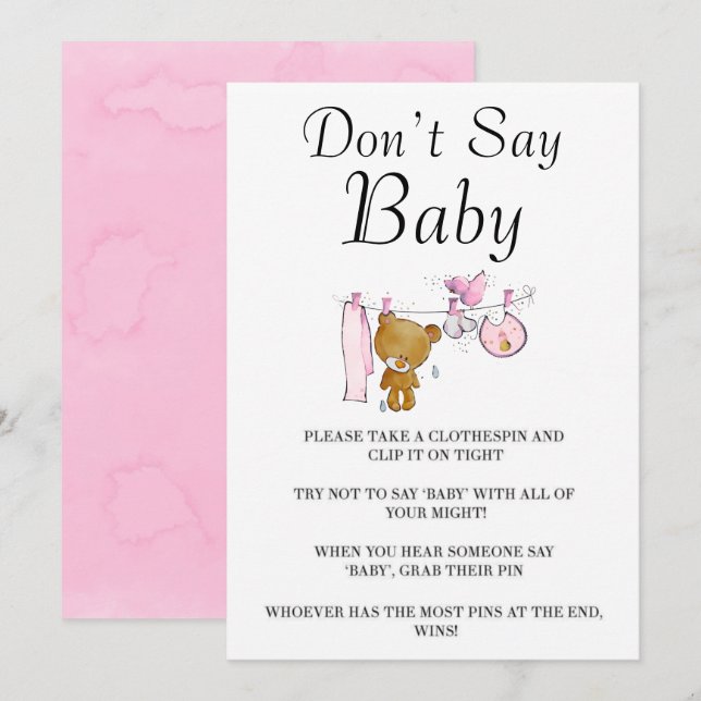 Carte Mignonne Teddy Bear Clothes Line Ne pas dire Baby  (Devant / Derrière)