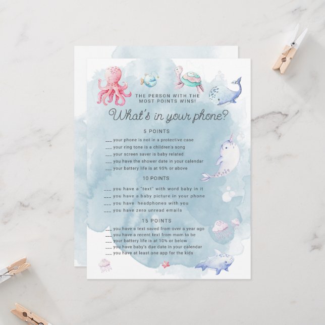 Carte Mignonne Under the Sea Baby shower Phone Game Card (Devant/Arrière en situation)