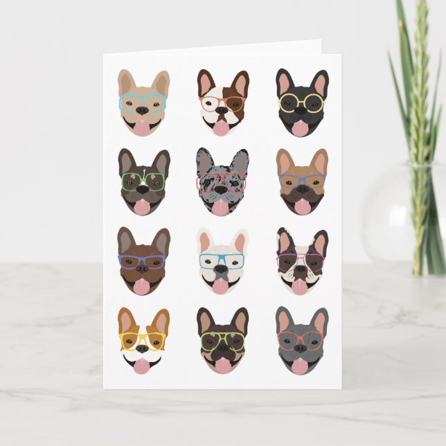 Carte Mignons Bulldogs français portant des lunettes (Devant)