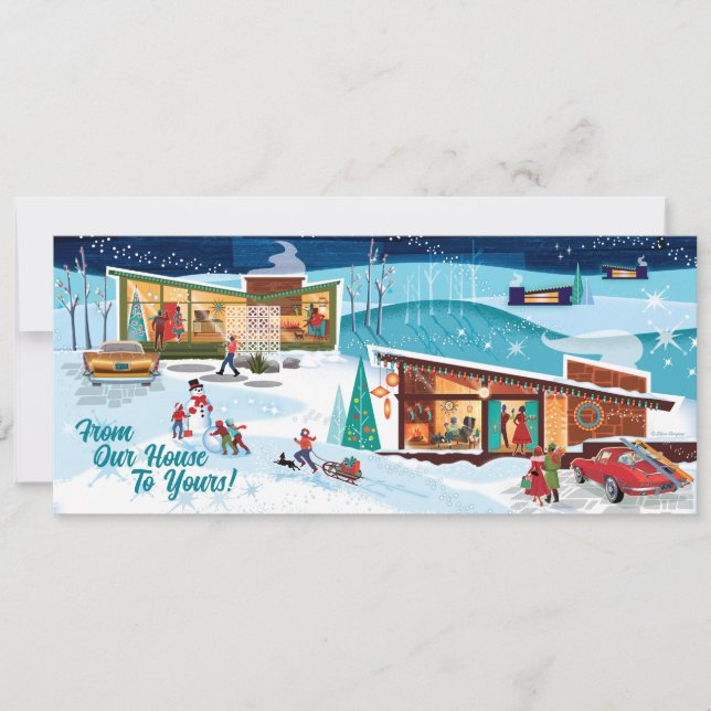 Carte Milieu du siècle Maisons d'hiver Retro Christmas C (Devant)