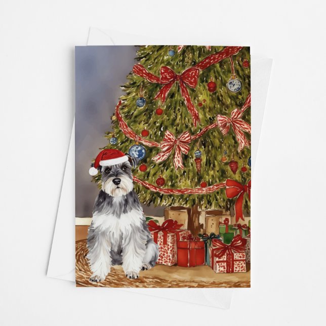 Carte Mini Schnauzer Aquarelle sous l'arbre de Noël (Créateur téléchargé)