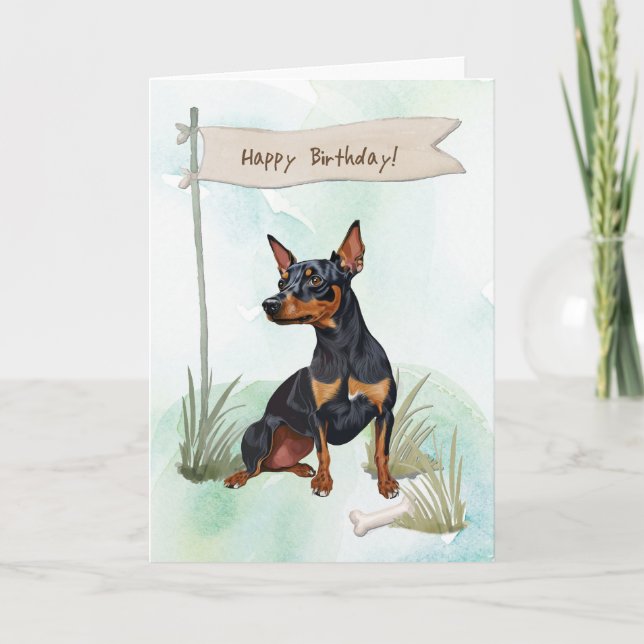 Carte Miniature Pinscher Chien sous signe d'anniversaire (Devant)