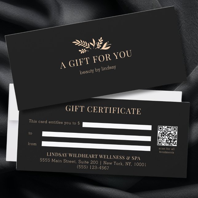 Carte Minimal Black Botanical QR Code Gift Certificates (Minimal Black Botanical Salon QR Code Business Gift Certificates)