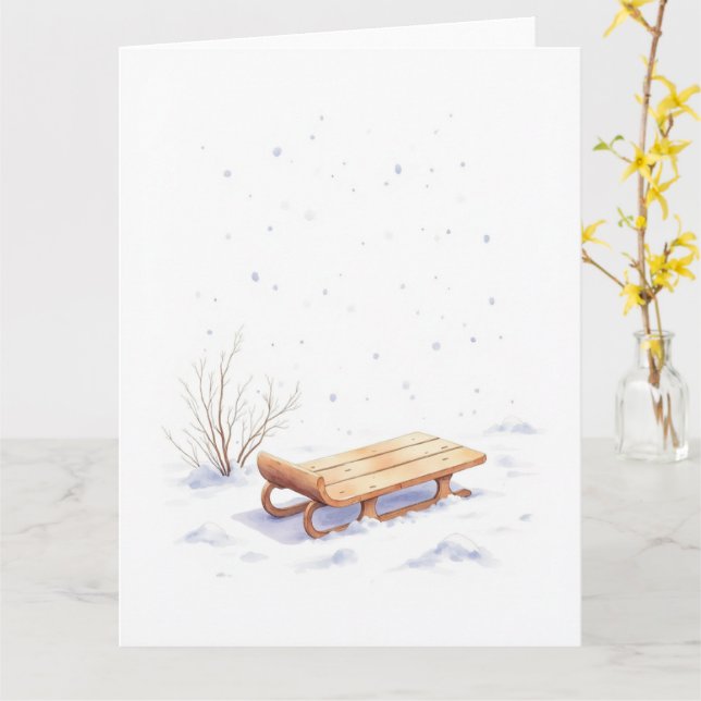 Carte Minimal Winter Sled Watercolor Christmas Art (Fleur jaune)