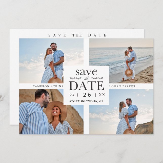 Carte Minimalist Modern Collage 4 Custom Photos Wedding (Devant / Derrière)