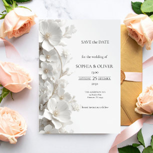 Carte Minimaliste 3D Fleurs Blanches Luxe Enregistrez la