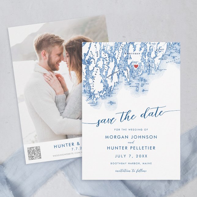 Carte minimaliste moderne Boothbay Harbour Maine (Boothbay Harbor Maine Map Wedding Save the Date in Minimal Modern Navy Blue from Coastal Map Designs)