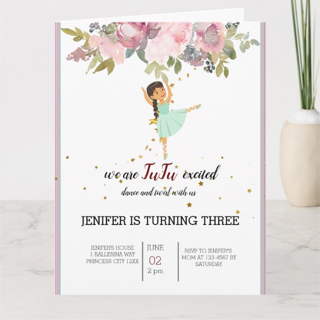 Carte Minuscule danseur | Ballet Floral rose Fête Annive (Devant)