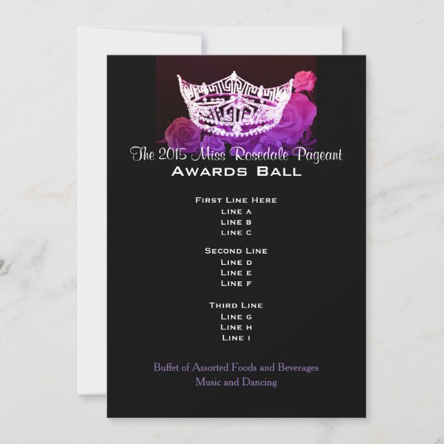 Carte Miss America style Crown & Roses Awards Ball (Devant)