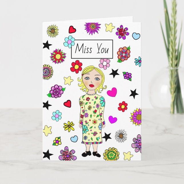 Carte Miss You, Amitié, Fille Whimsical aux fleurs (Devant)