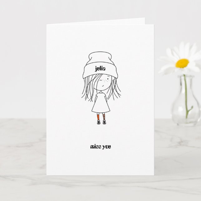 Carte Miss You|Cute Adorable Girl|Ajouter votre nom (Petite plante)