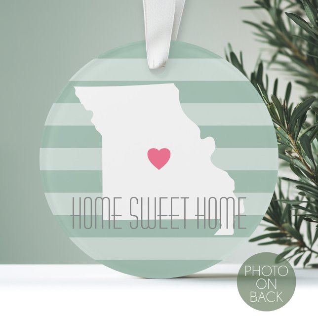 Carte Missouri Accueil Amour d'état avec coeur per (Personalized Photo Ornament with a State Design on the Front and Photo on the Back)