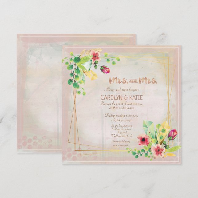 Carte Mme et Mme Spring Aquarelles Or Géométrique (Devant / Derrière)