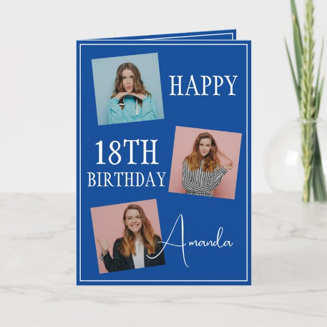 Carte Modern Blue 3 Photo Collage 18e anniversaire (Devant)