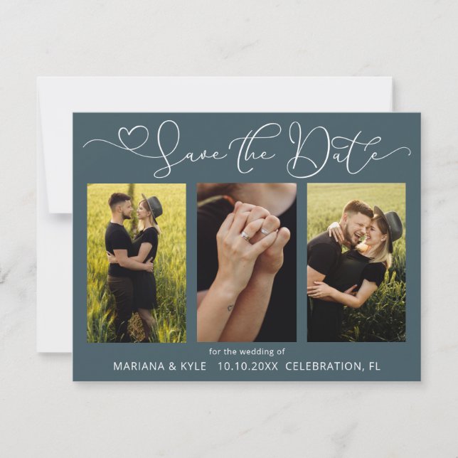 Carte Modern Blue 4 Photos Mariage Enregistrer la date (Devant)