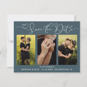 Carte Modern Blue 4 Photos Mariage Enregistrer la date