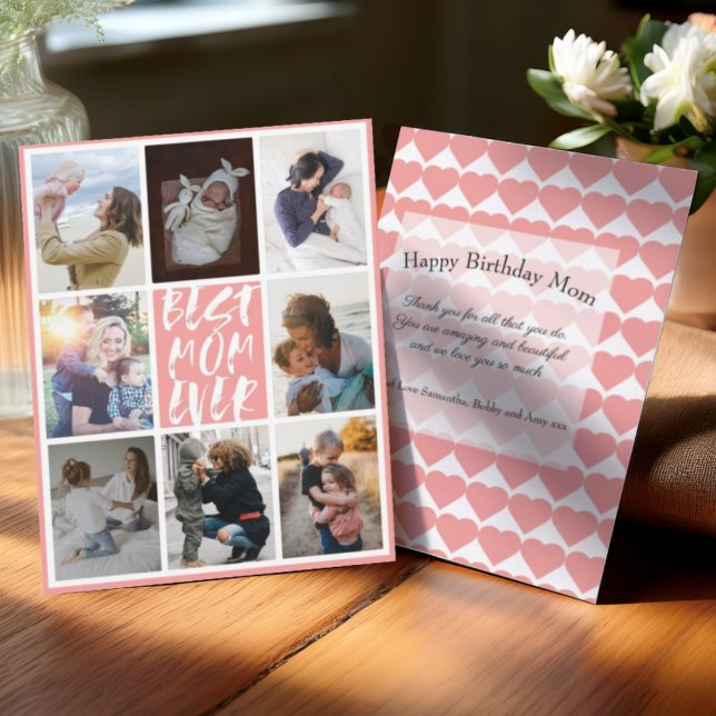 Carte Modern Coral 8 Photo Collage Best Mom Ever (Créateur téléchargé)