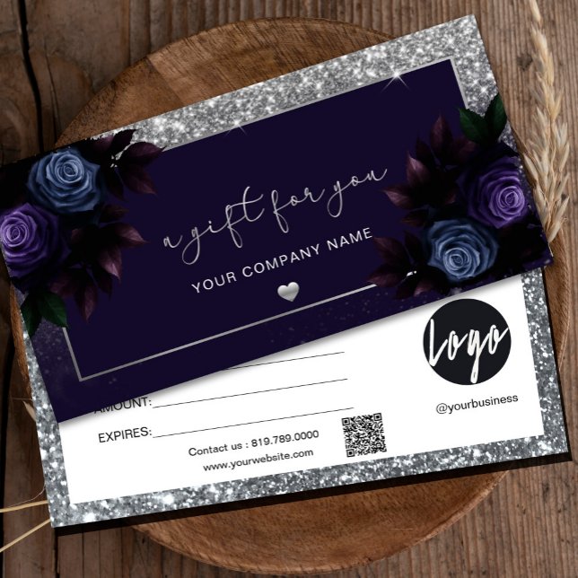 Carte Modern Navy Et Argent Ajouter Logo Certificat Cade (Add a touch of elegance with our navy and silver gift certificates –where your logo stands out style)