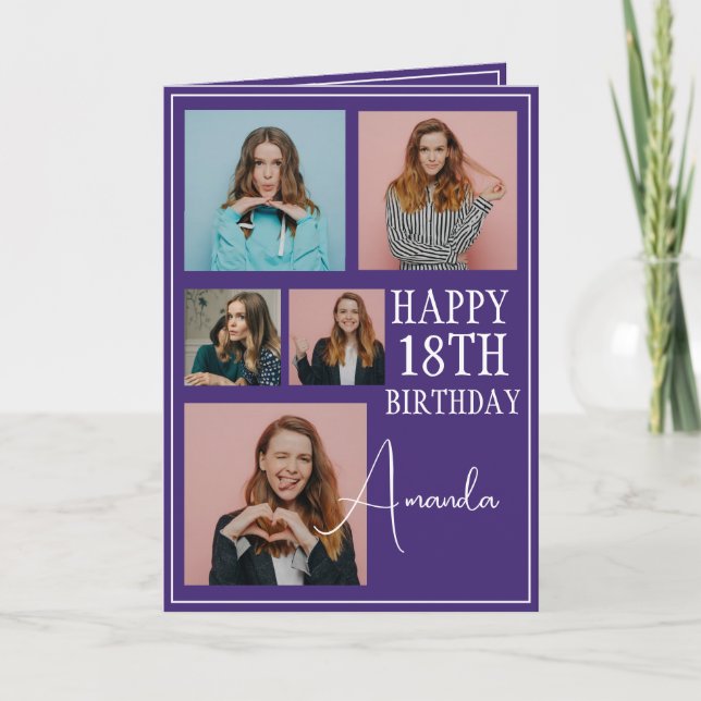 Carte Modern Purple 5 Photo Collage 18e anniversaire (Devant)