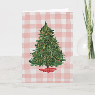 Carte Modern Watercolor Christmas Tree Pink Gingham Card