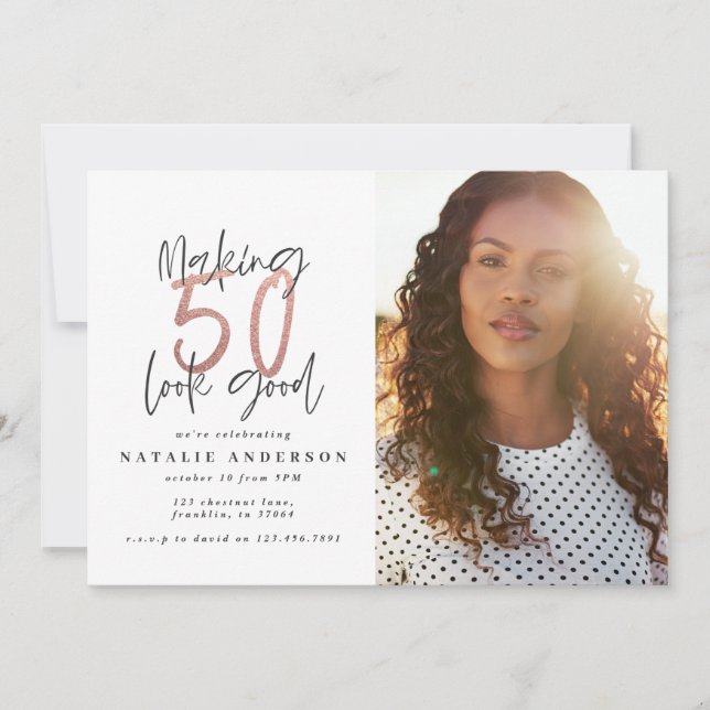 Carte Moderne 50e anniversaire chic typographie or rose (Devant)