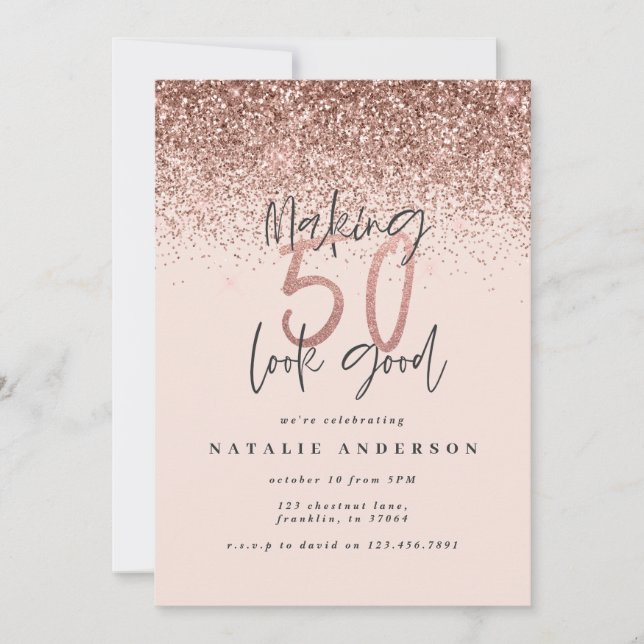 Carte Moderne 50e anniversaire chic typographie or rose (Devant)