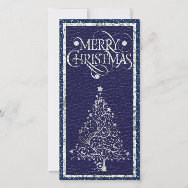 Carte moderne Argent et Arbre de Noël bleu (Devant)