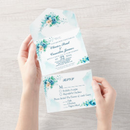 Carte moderne Blue Floral Wedding Invitation & RSV