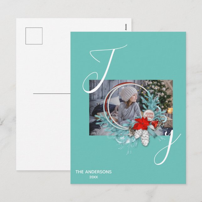 Carte moderne Blue Pine Wreath Joie Photo Holiday  (Devant / Derrière)