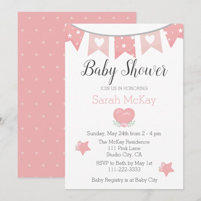 Carte Moderne Coeur rose bébé fille Baby shower Invitati (Devant / Derrière)