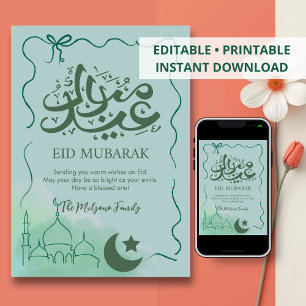 Carte moderne de Eid Mubarak avec mosquée en aquar