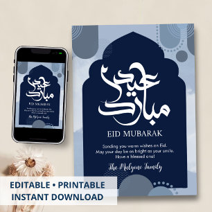 Carte moderne de Eid Mubarak bleu avec motif islam