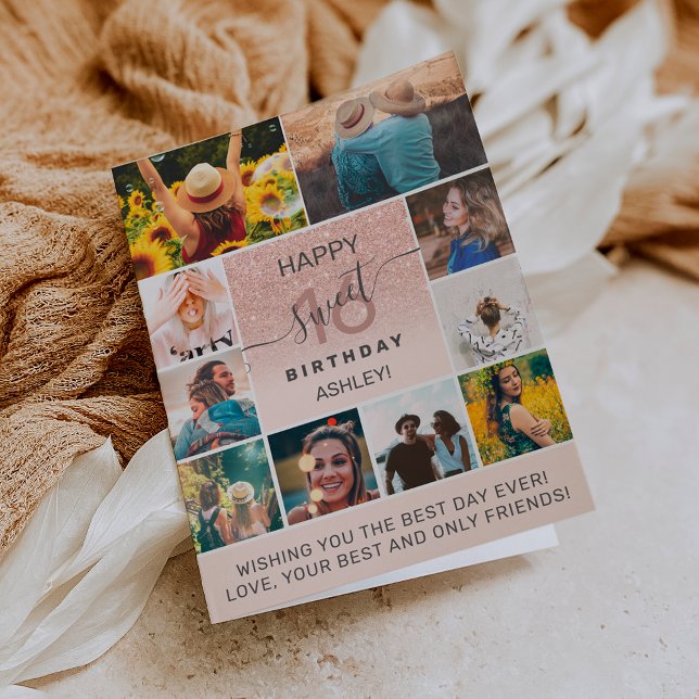 Carte Moderne doux 16 anniversaire rose 11 photo collage (Créateur téléchargé)