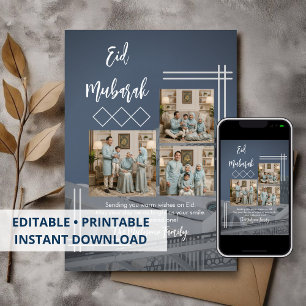 Carte moderne Eid Mubarak en collage photo bleu