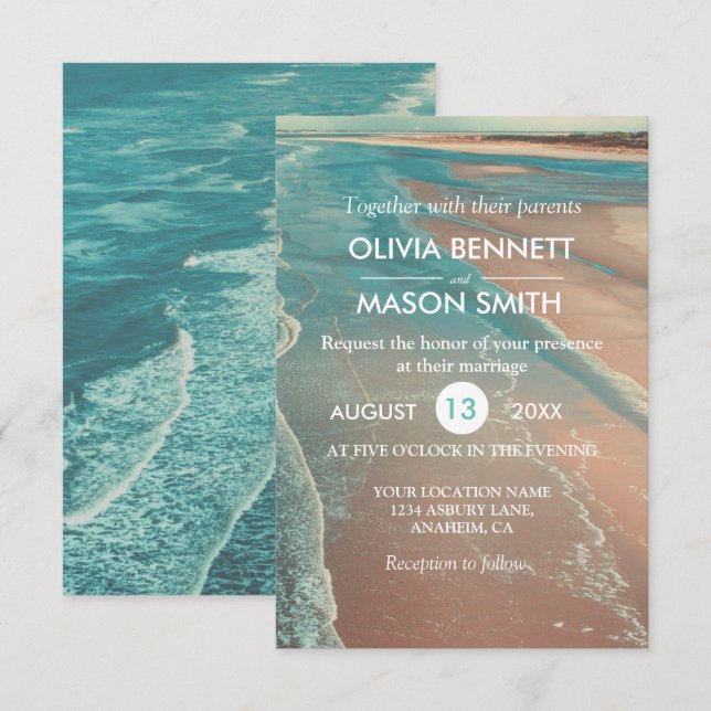 Carte moderne Fade Tropical Beach Sea Mariage Card (Devant / Derrière)