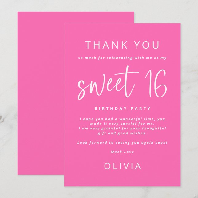 Carte Moderne Hot Rose Sweet 16 Anniversaire Merci de fê (Devant / Derrière)