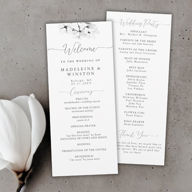 Carte Moderne Magnolia Chic Black White Wedding Programm (modern classic magnolia wedding ceremony program black white calligraphy simple elegant classy)