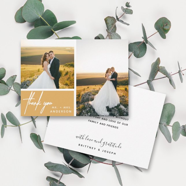 Carte Moderne moutarde Jaune Photo Collage Merci (Two photo hand lettered thank you wedding card with a minimalistic design perfect for any couple.)