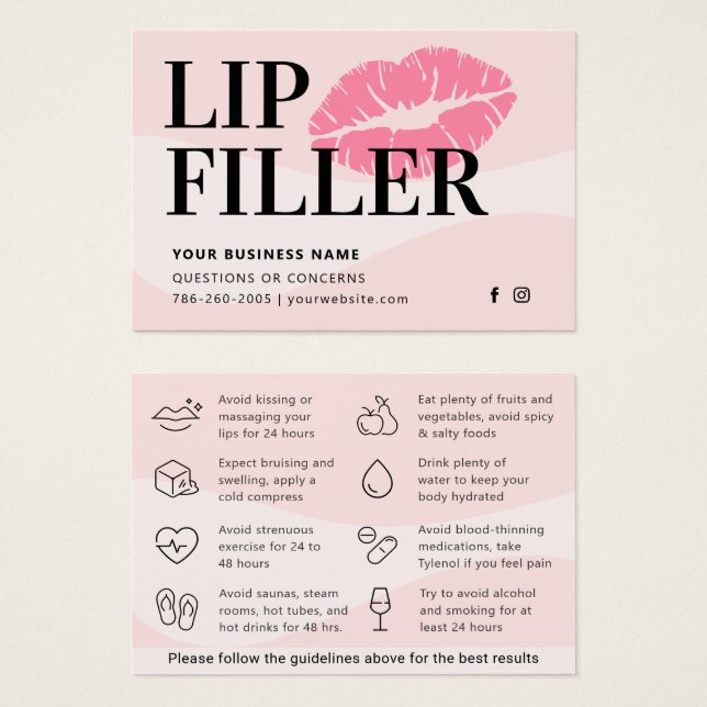 Carte moderne Pink Lip Filler Instructions de soin (Devant & derrière)