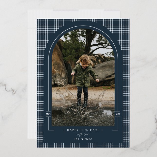 Carte moderne Plaid Navy & Silver Foil Holiday Car (Enveloppe)