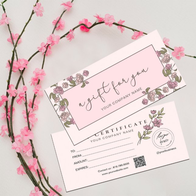 Carte Moderne Rose Floral Ajouter Logo Certificat cadeau (Modern Pink Floral Add Logo Gift Certificate #floralgiftcard #pink #addlogo #girly)