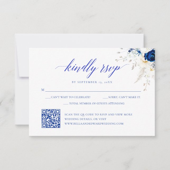 Carte moderne Royal Blue Floral Mariage QR Code RS (Devant)
