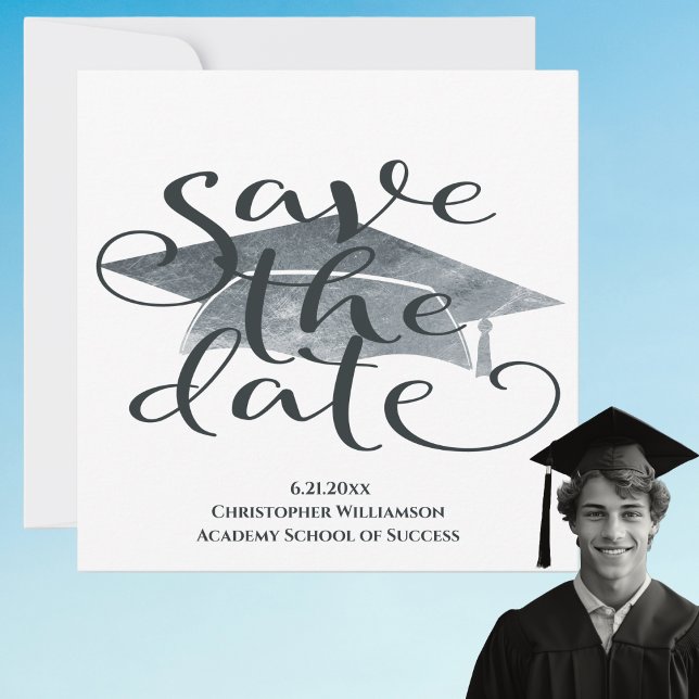 Carte Moderne Simple Graduation Économisez La Date (Modern Save The Date Graduation Announcement. Watercolor, gray tones. High School, College)