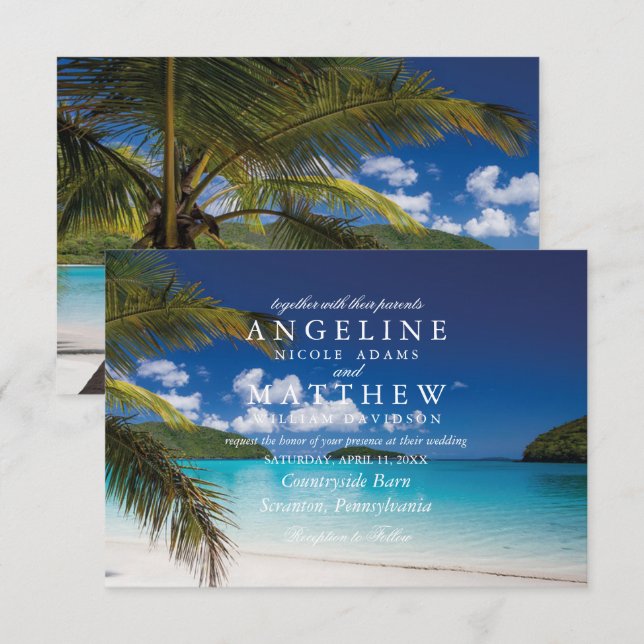Carte moderne Tropical Beach Palm Tree Sea Mariage (Devant / Derrière)