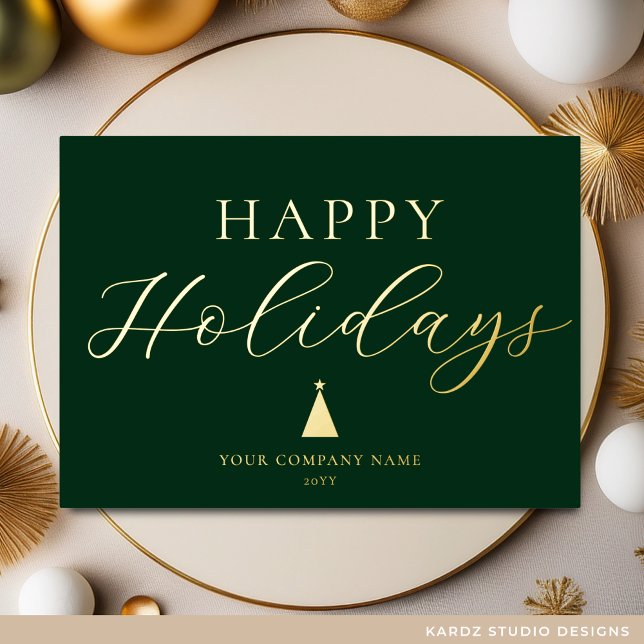 Carte moderne verte en feuille d'or pour les fêtes (Holiday Card  shown in 5 x 7 inches. Personalize with text, logo, message, and foli color.)