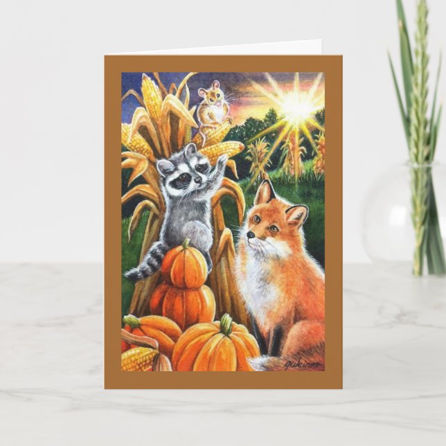 Carte Moisson d'automne Corn Red Fox Raccoon Aquarelle A (Devant)